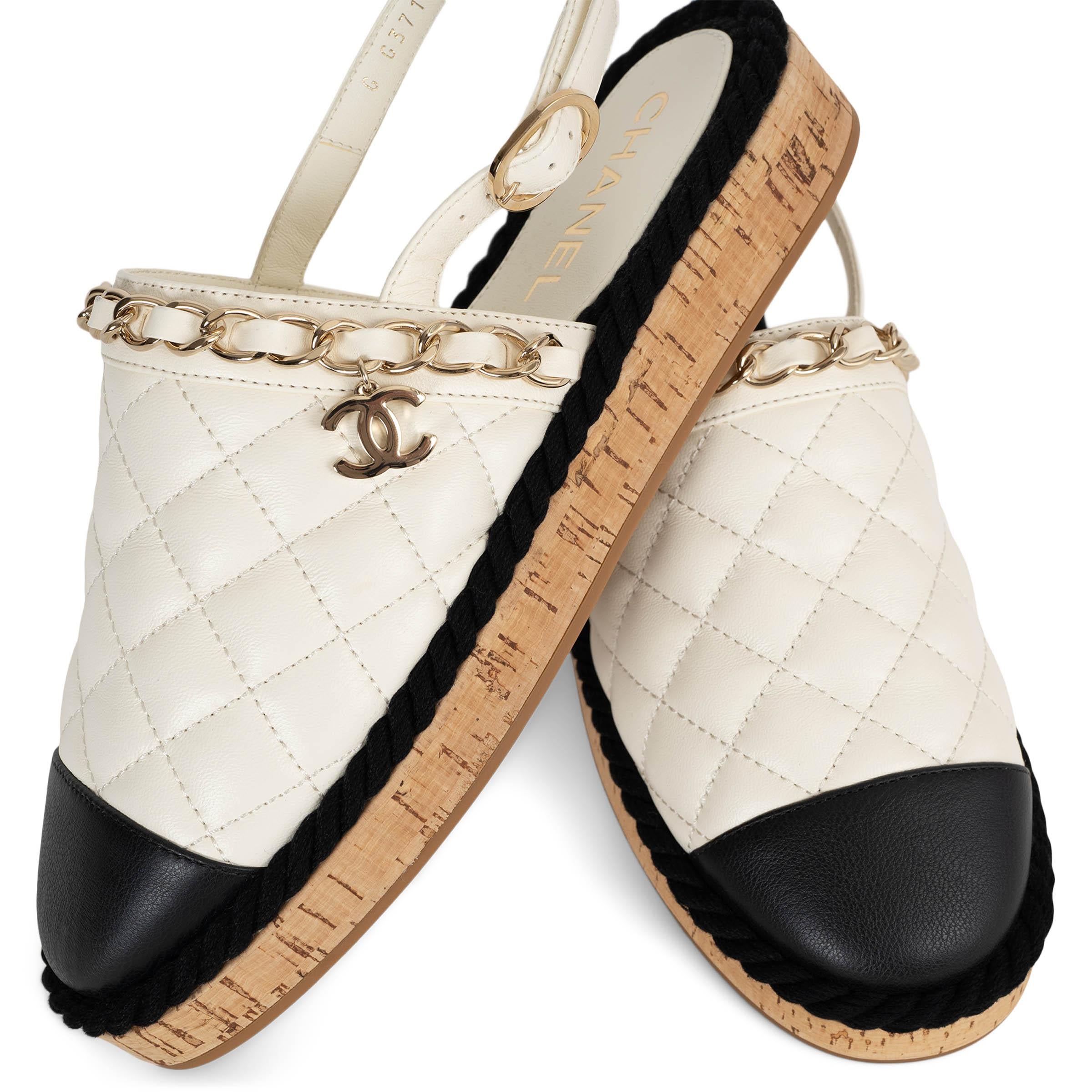 CHANEL cream leather 21P CHAIN  TRIM CORK SLINGBACK Flats Shoes 37 For Sale 2