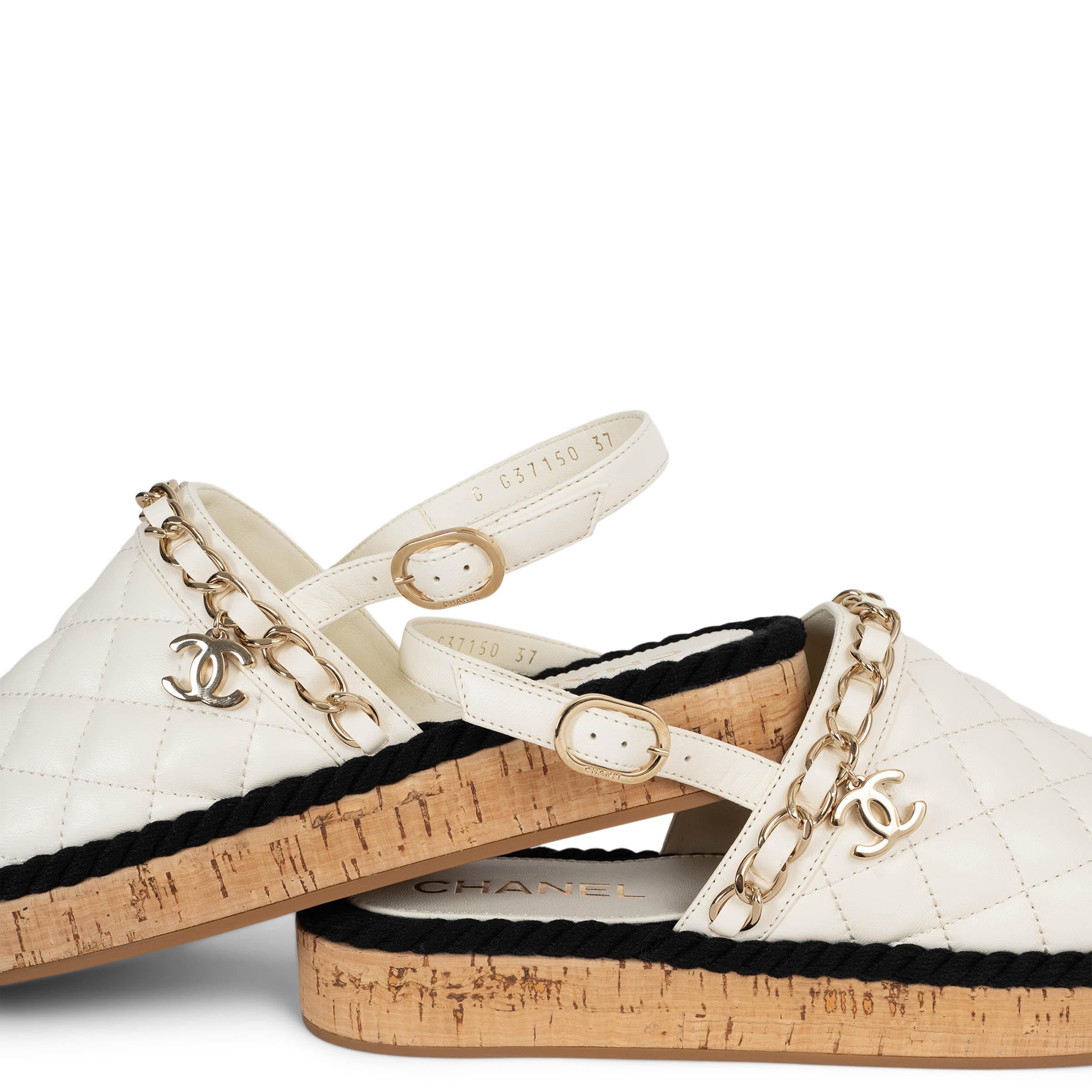CHANEL cream leather 21P CHAIN  TRIM CORK SLINGBACK Flats Shoes 37 For Sale 3