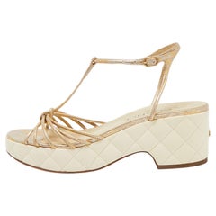 Chanel Cream Leather CC Wedge Sandals Size 37.5