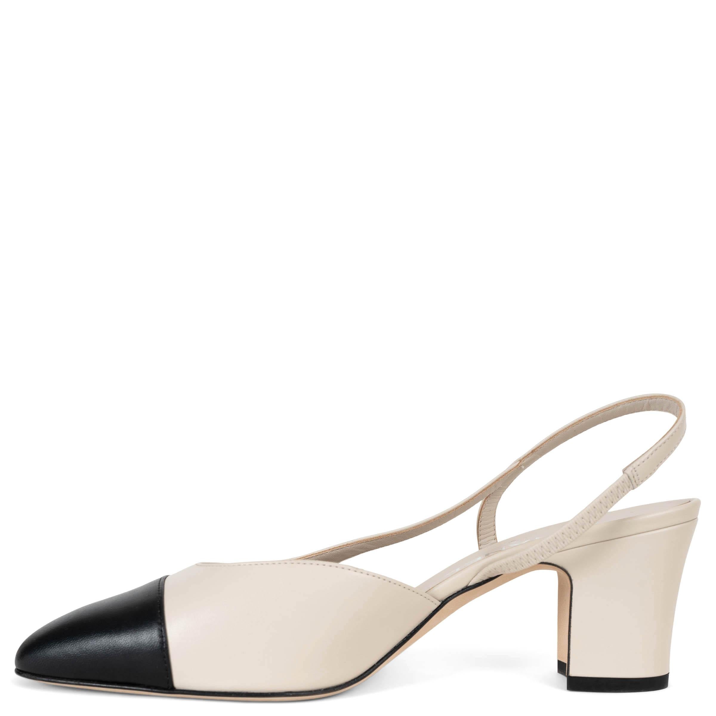 CHANEL cuero crema G31318 Slingbacks Bombas Zapatos 38.5 Beige