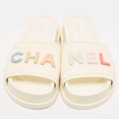 Chanel Cream Leather Logo Slides Size 40