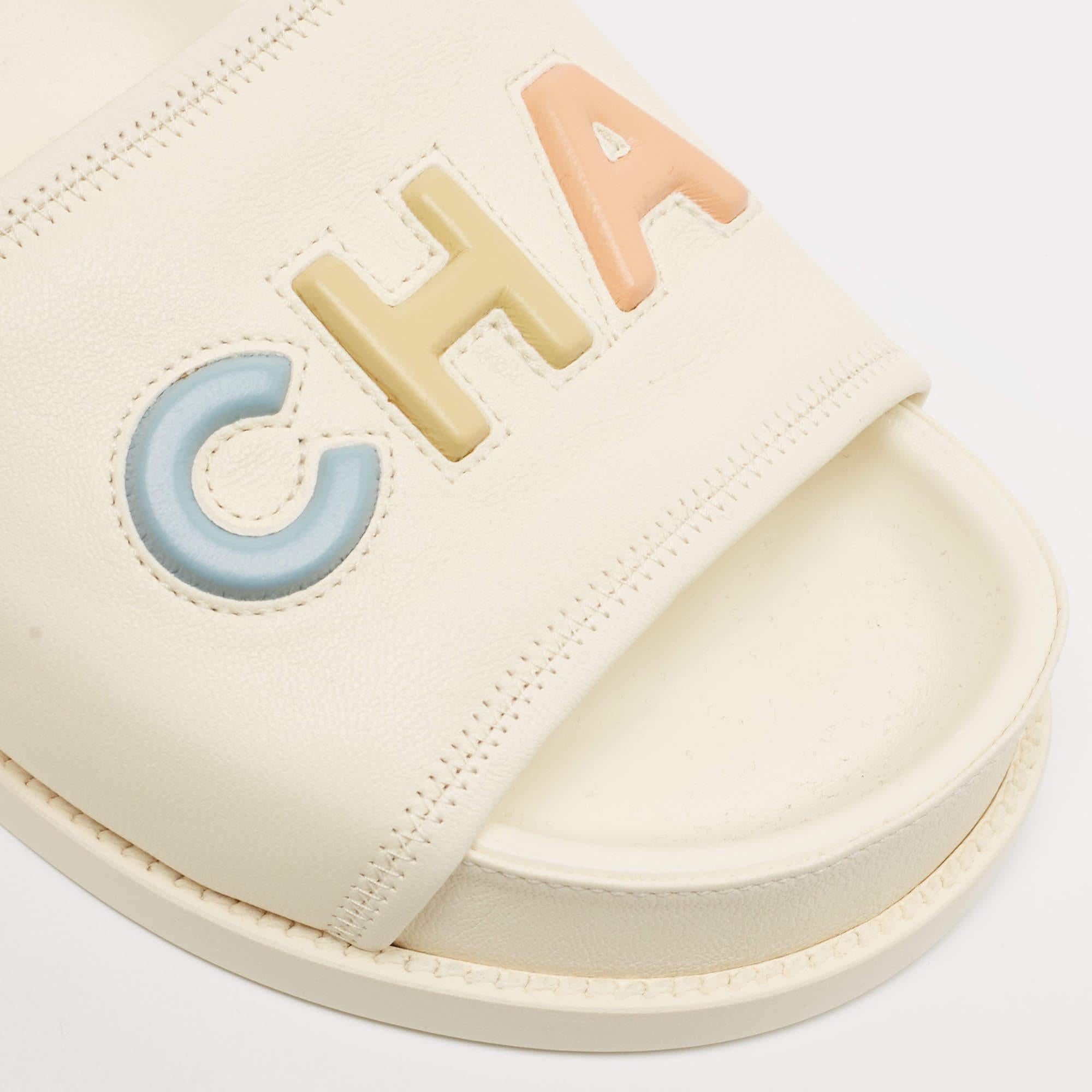 Chanel Cream Leather Logo Slides Size 40 1