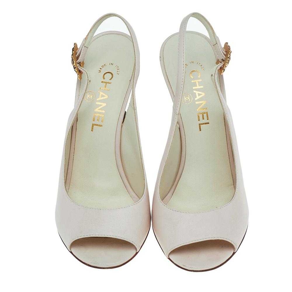 Beige Chanel Cream Leather Peep Toe Slingback Sandals Size 38