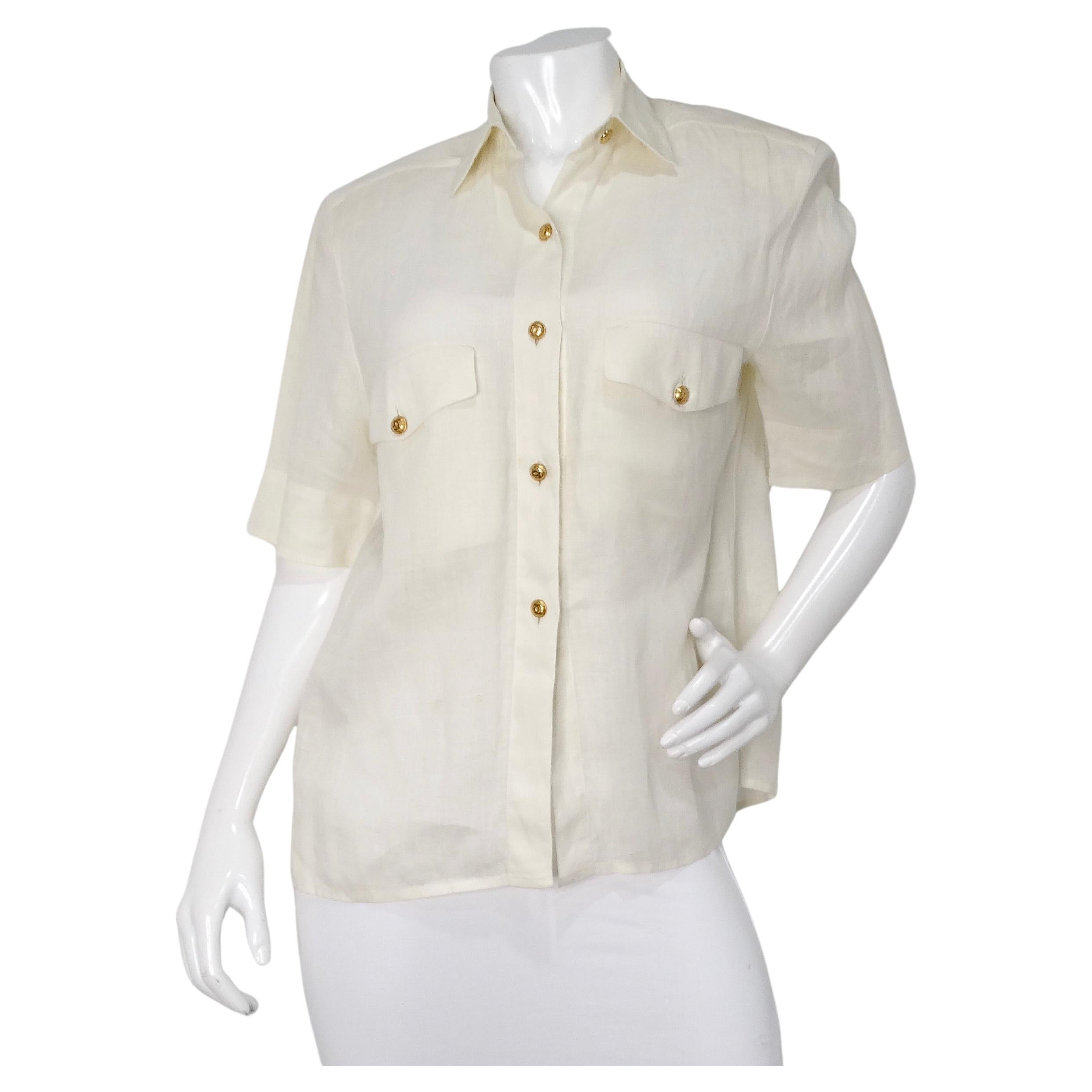 Camicetta a maniche corte Chanel Cream Linen Interlocking CC Button-Up, circa anni '80