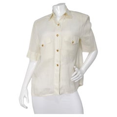 Camicetta a maniche corte Chanel Cream Linen Interlocking CC Button-Up, circa anni '80