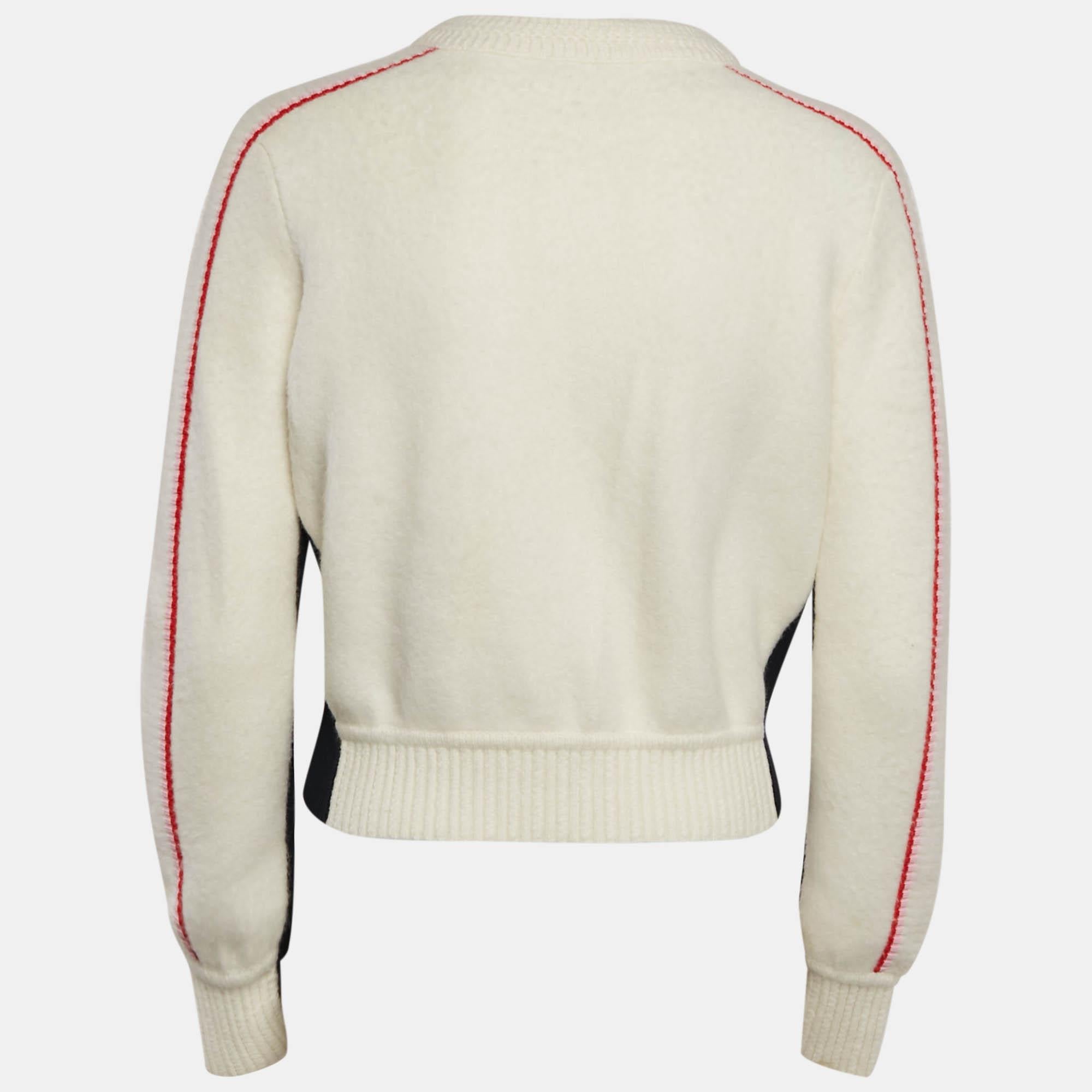 Beige Chanel Cream Logo Embossed Cashmere and Rin Knit Buttoned Cardigan S For Sale