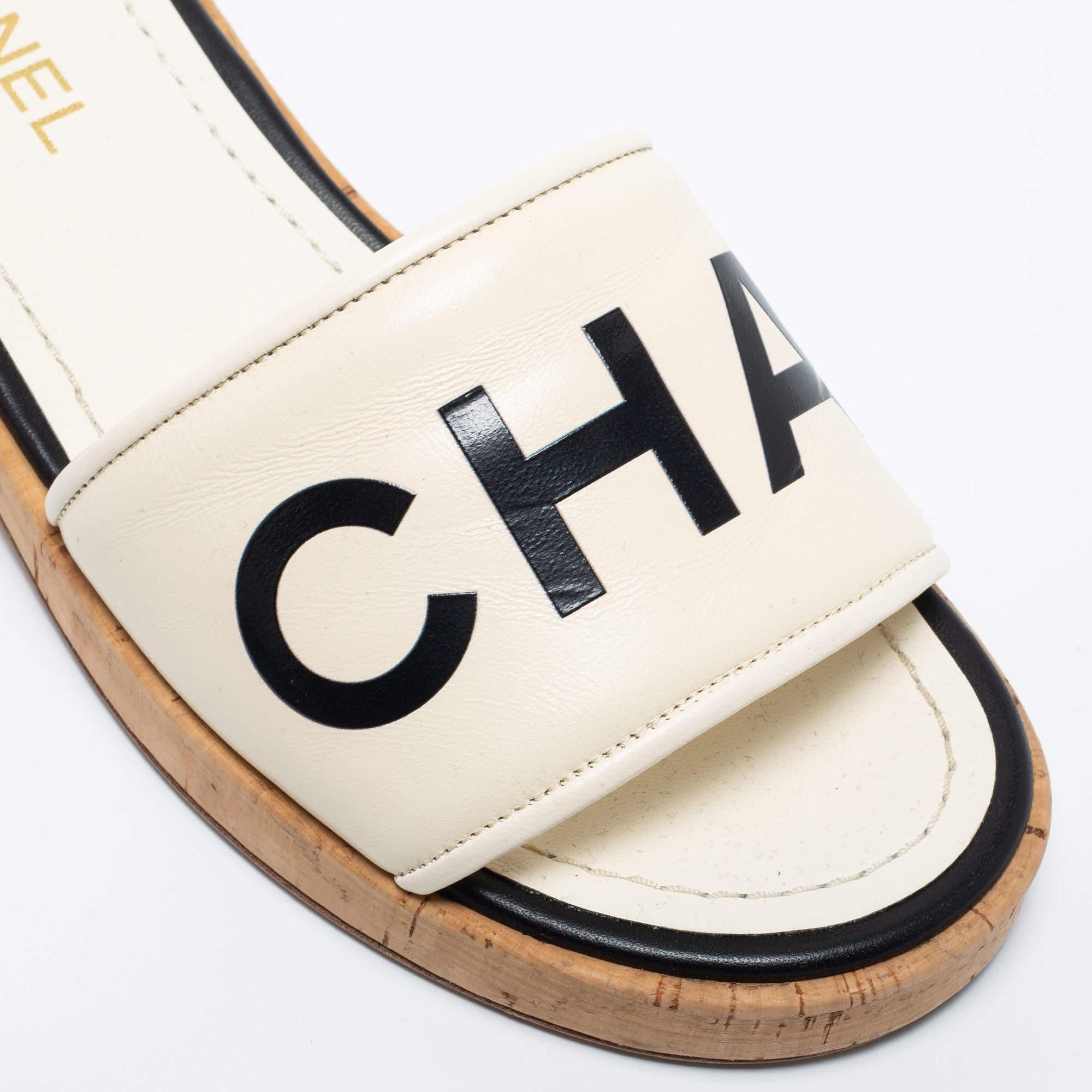 Chanel Cream Logo Leather Cork Slide Sandals Size 40.5 1