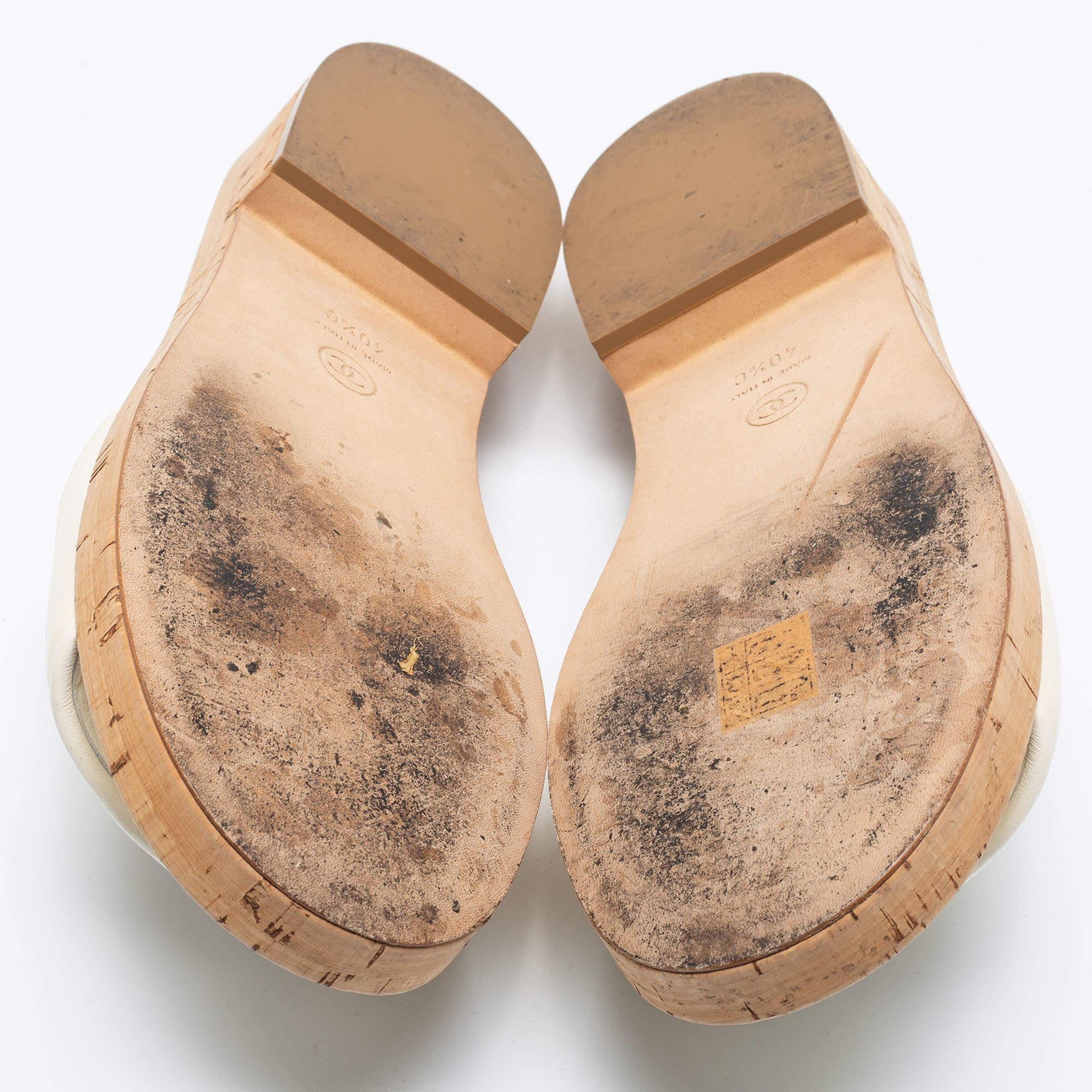 Chanel Cream Logo Leather Cork Slide Sandals Size 40.5 2