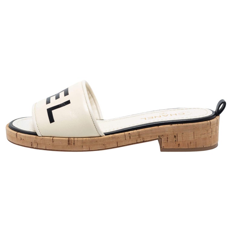 Chanel Cream Logo Leather Cork Slide Sandals Size 40.5 at 1stDibs