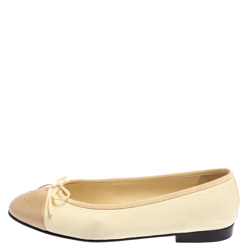 Chanel Cream/Metallic Beige Leather CC Cap Toe Bow Ballet Flats Size 37.5 3