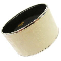 Chanel Cream Off White Enamel Wide 'HERMES SELLIER' Logo Bangle Bracelet Cuff
