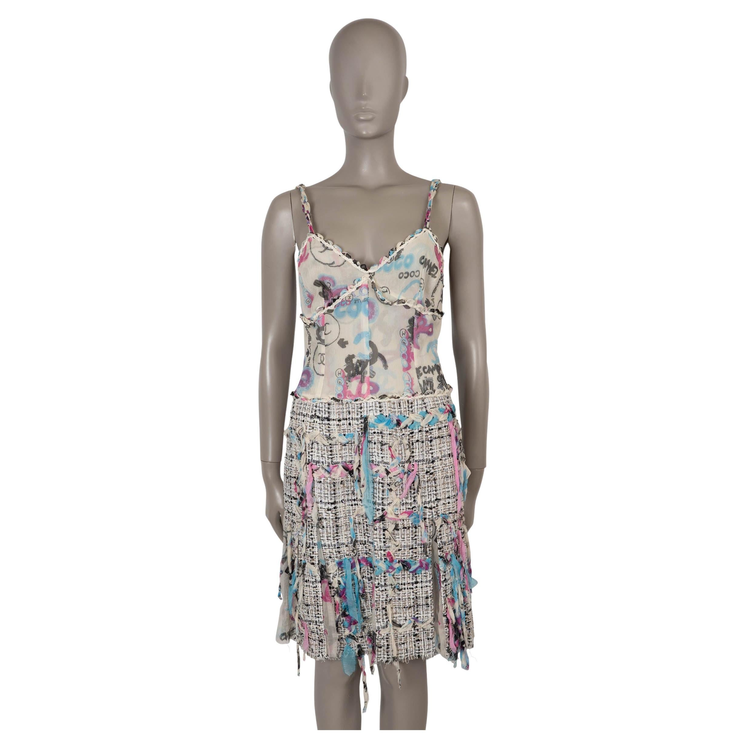 CHANEL cream pink blue silk 07C GRAFFITI TWEED Dress 38 S in vendita