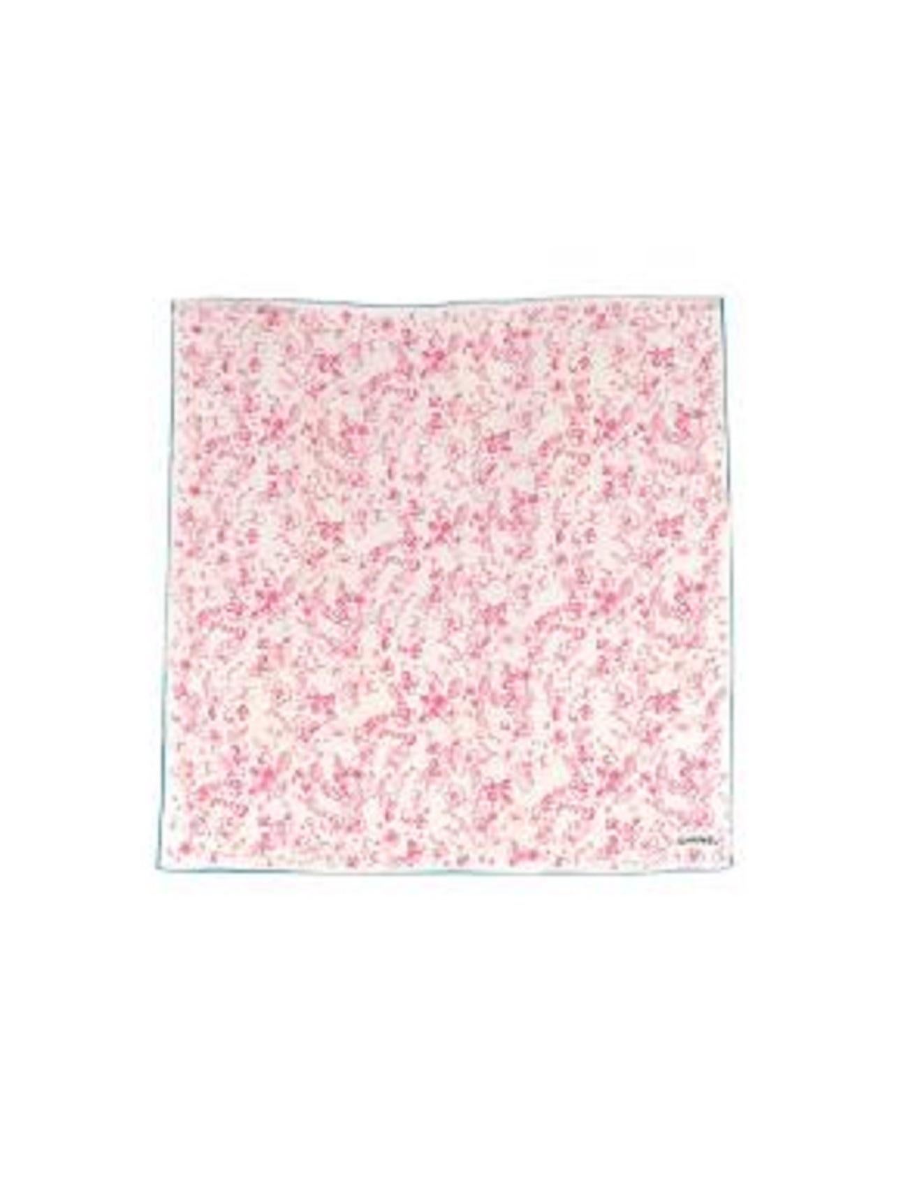 Chanel Cream & Pink CC Floral Scarf 

-Pink floral pattern with bows, floral and chanel logos
-Cream background and turquoise border 
-Square 
-'CHANEL' lettering right bottom corner in bold black letters

Material
-Silk

Washing
-Dry clean only