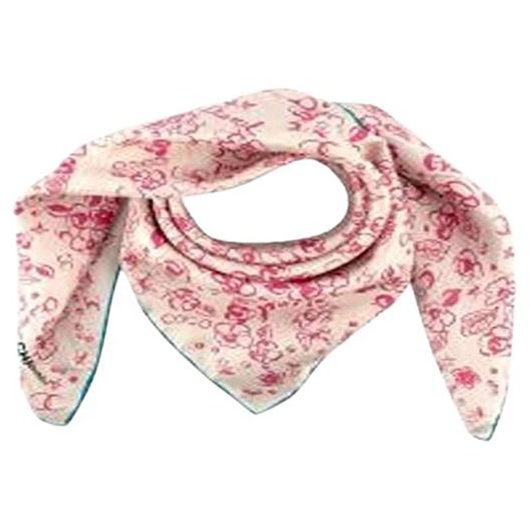 Chanel Cream and Pink CC Floral Scarf For Sale at 1stDibs