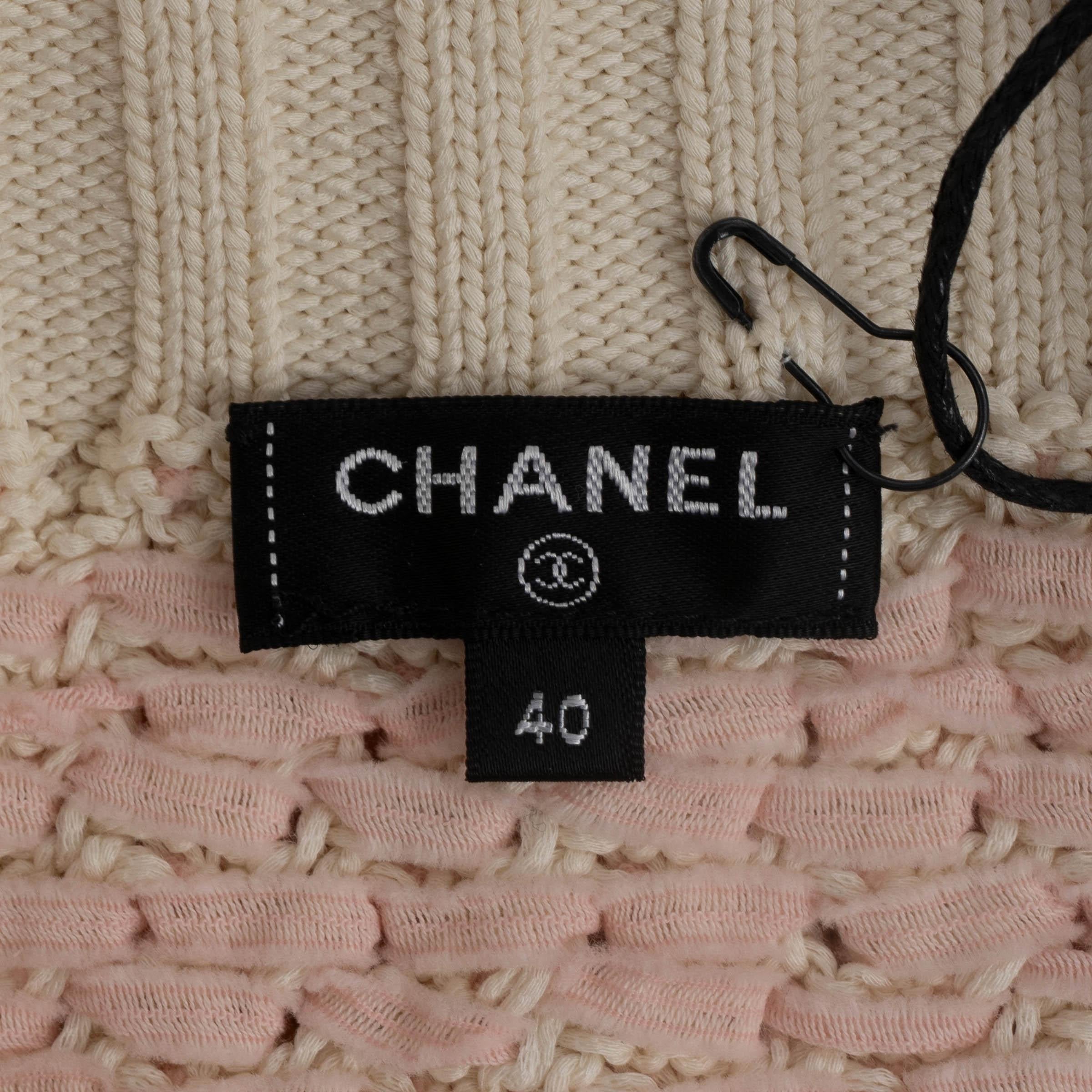 CHANEL mini jupe en coton crème et rose 2018 18P RIBBON KNIT 40 M en vente 2
