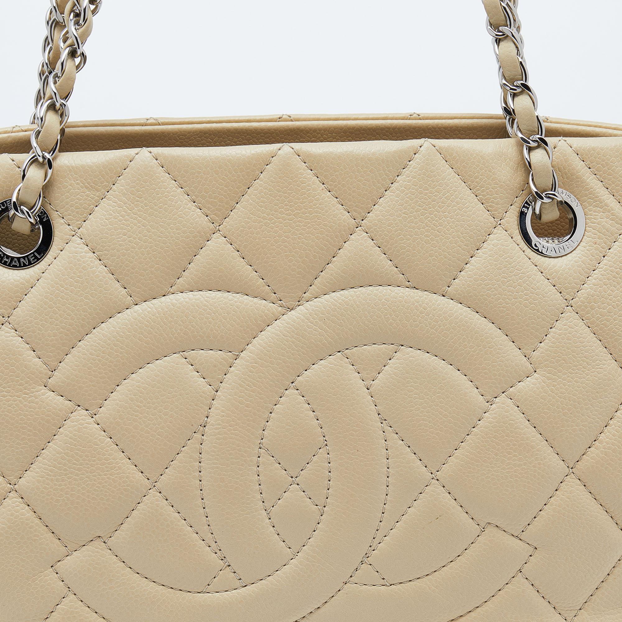 Chanel Cream Quilted Caviar Leather CC Timeless Shopper Tote 3
