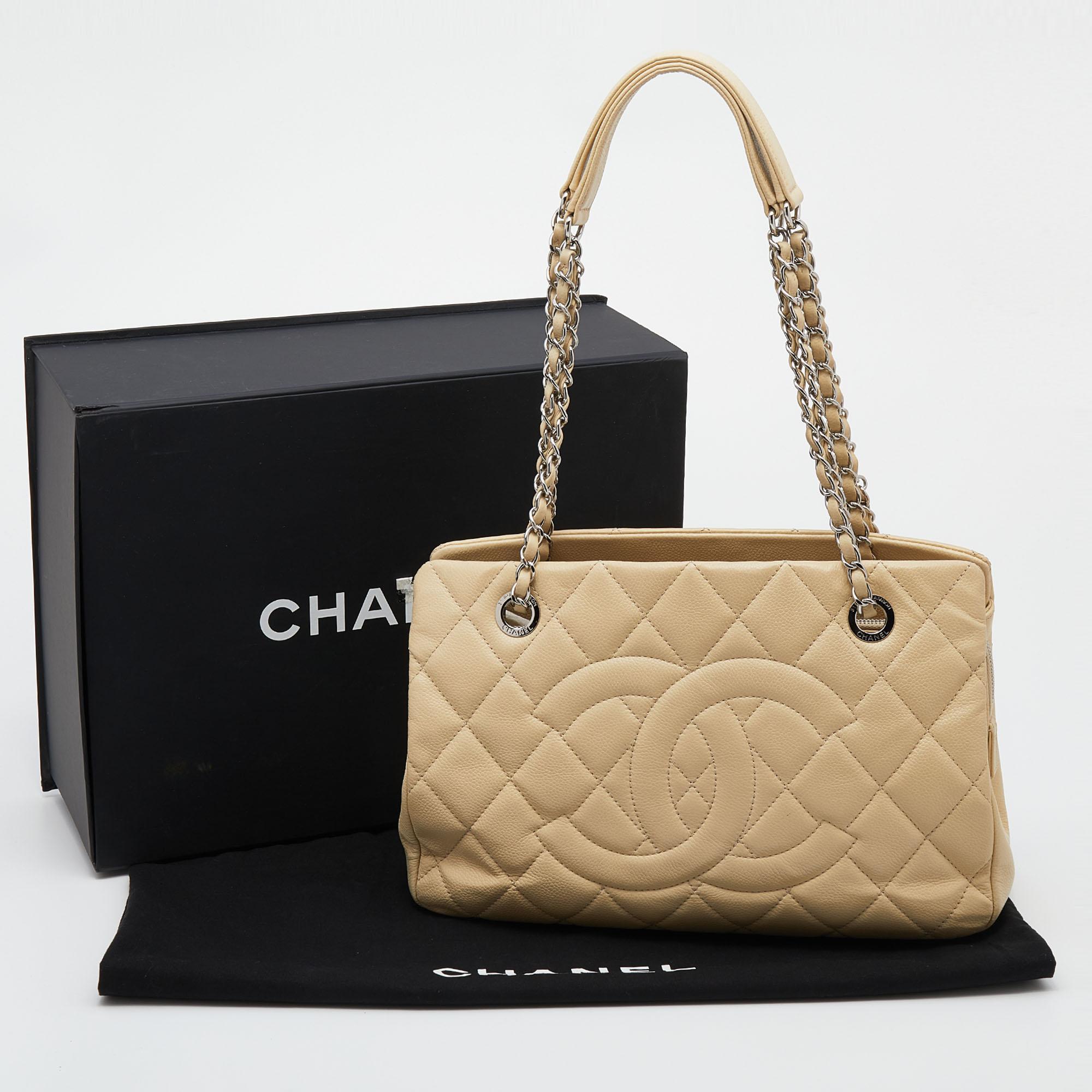 Chanel Cream Quilted Caviar Leather CC Timeless Shopper Tote 4
