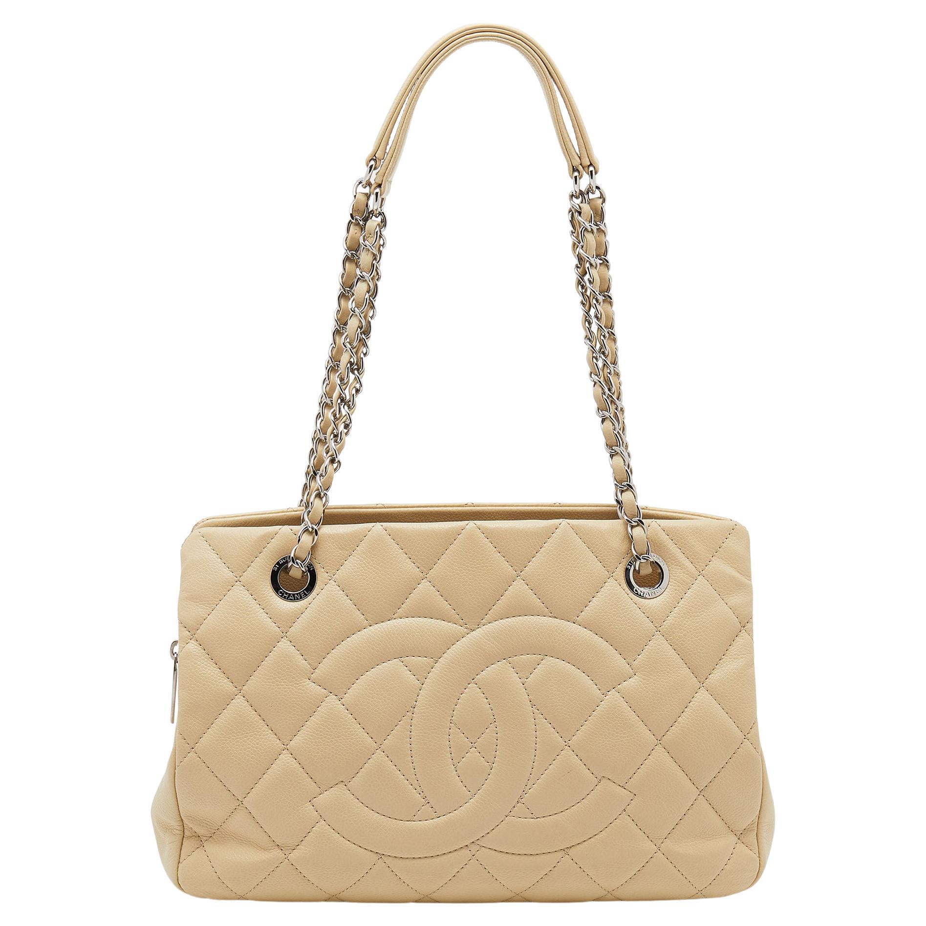 Chanel Cream Quilted Caviar Leather CC Timeless Shopper Tote