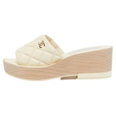 Chanel Cream Quilted Leather CC Platform Slide Sandals Size 39