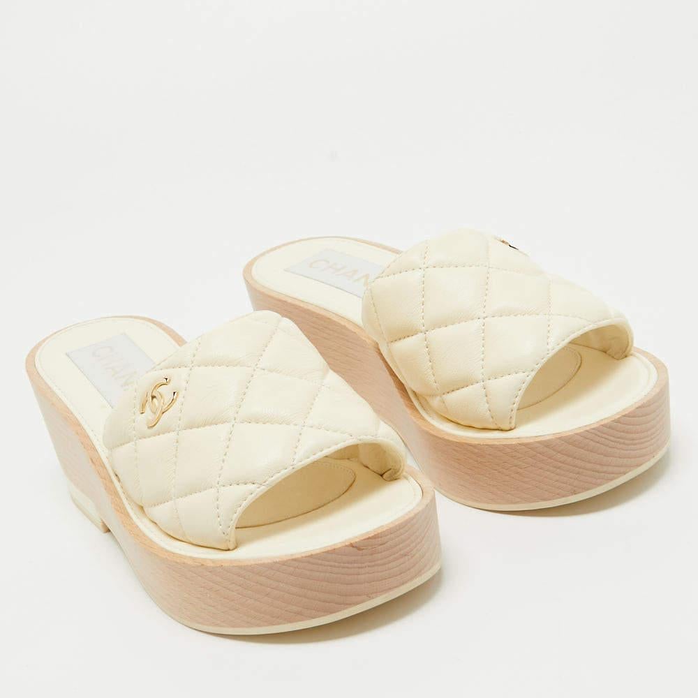 Women's Chanel Cream Quilted Leather Slide Platform Sandals Size 37