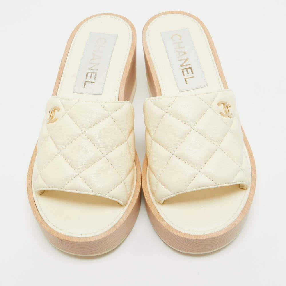 Chanel Cream Quilted Leather Slide Platform Sandals Size 37 3