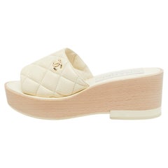Retro Chanel Cream Quilted Leather Slide Platform Sandals Size 37