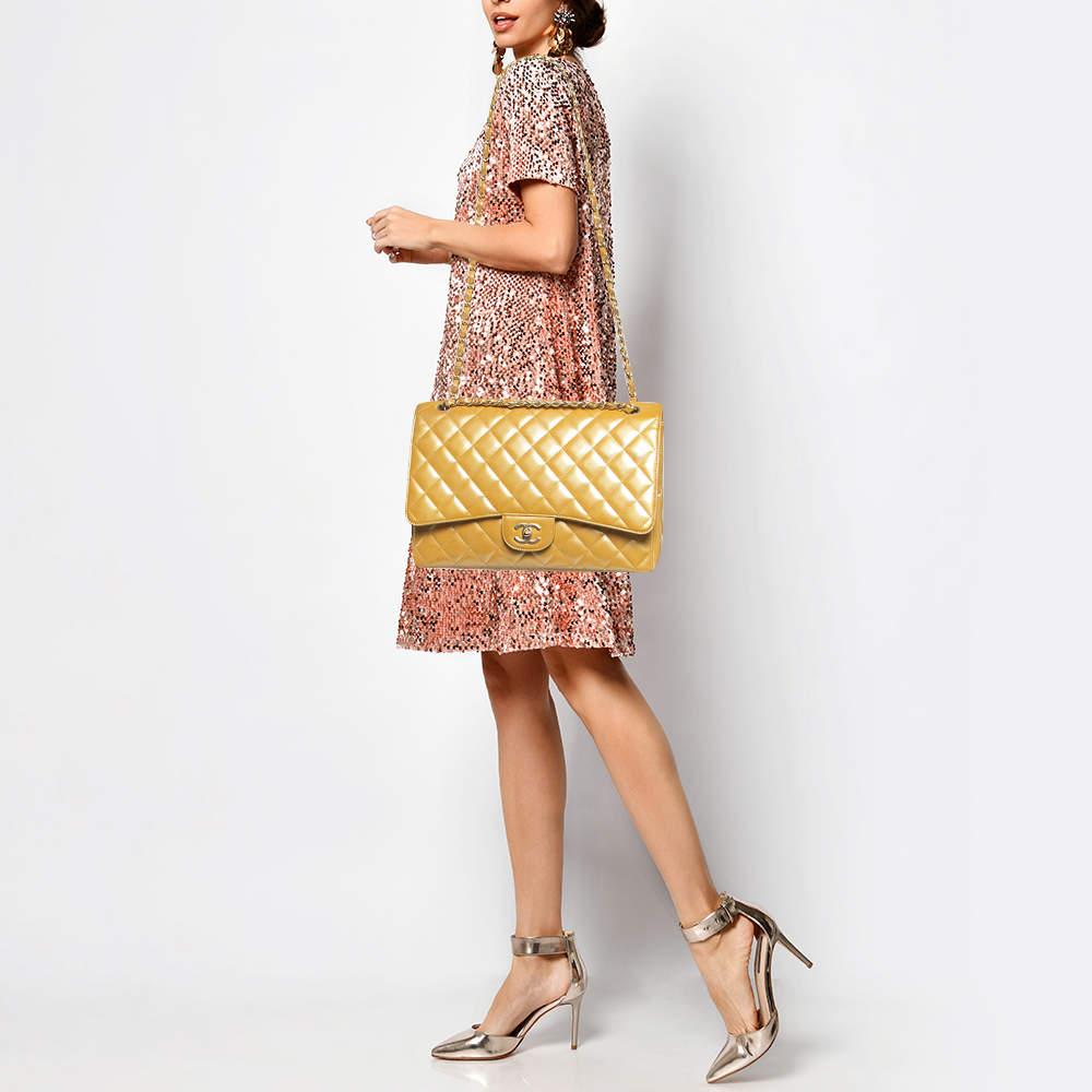 Beige Chanel Cream Quilted Patent Leather Maxi Classic Single Flap Bag For Sale