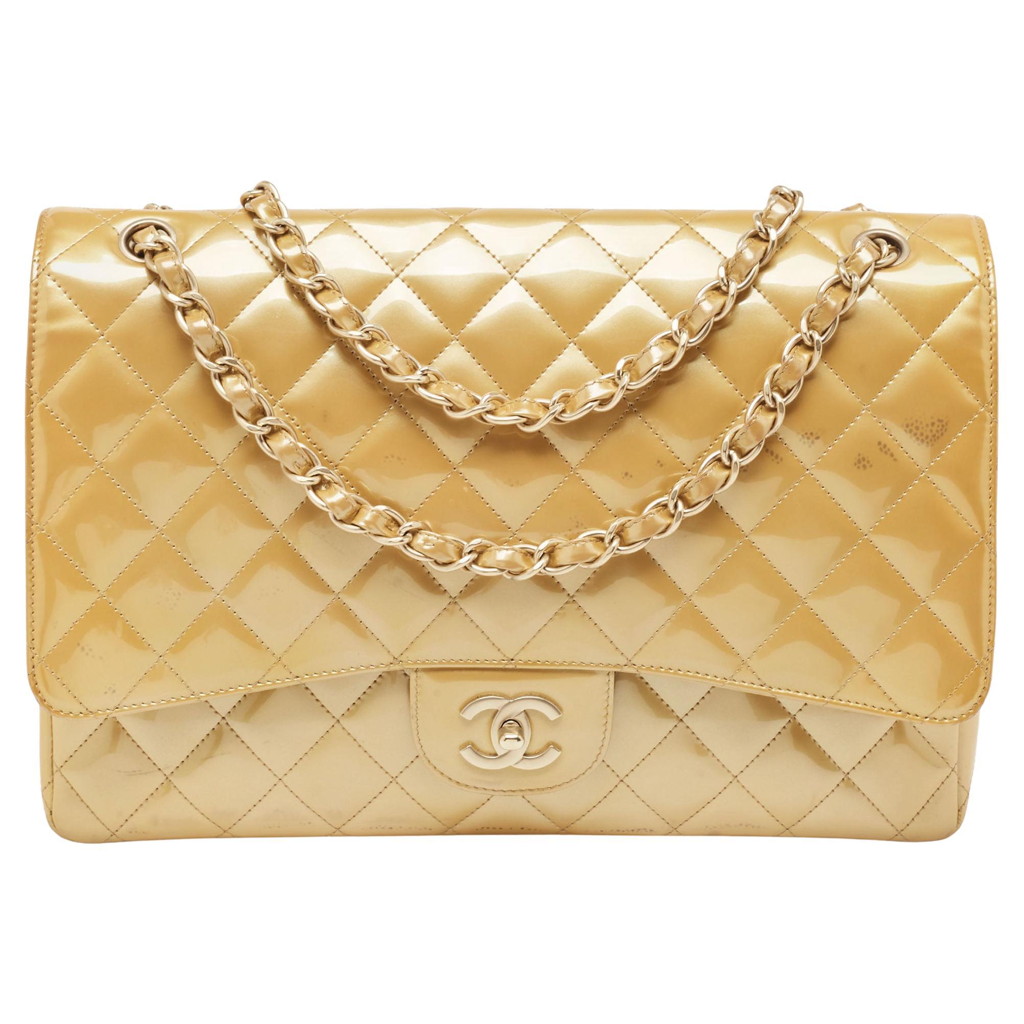 Chanel Cream Quilted Patent Leather Maxi Classic Single Flap Bag For Sale