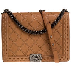 Chanel Cream Quilted Stiched Leather Large Boy Flap Bag