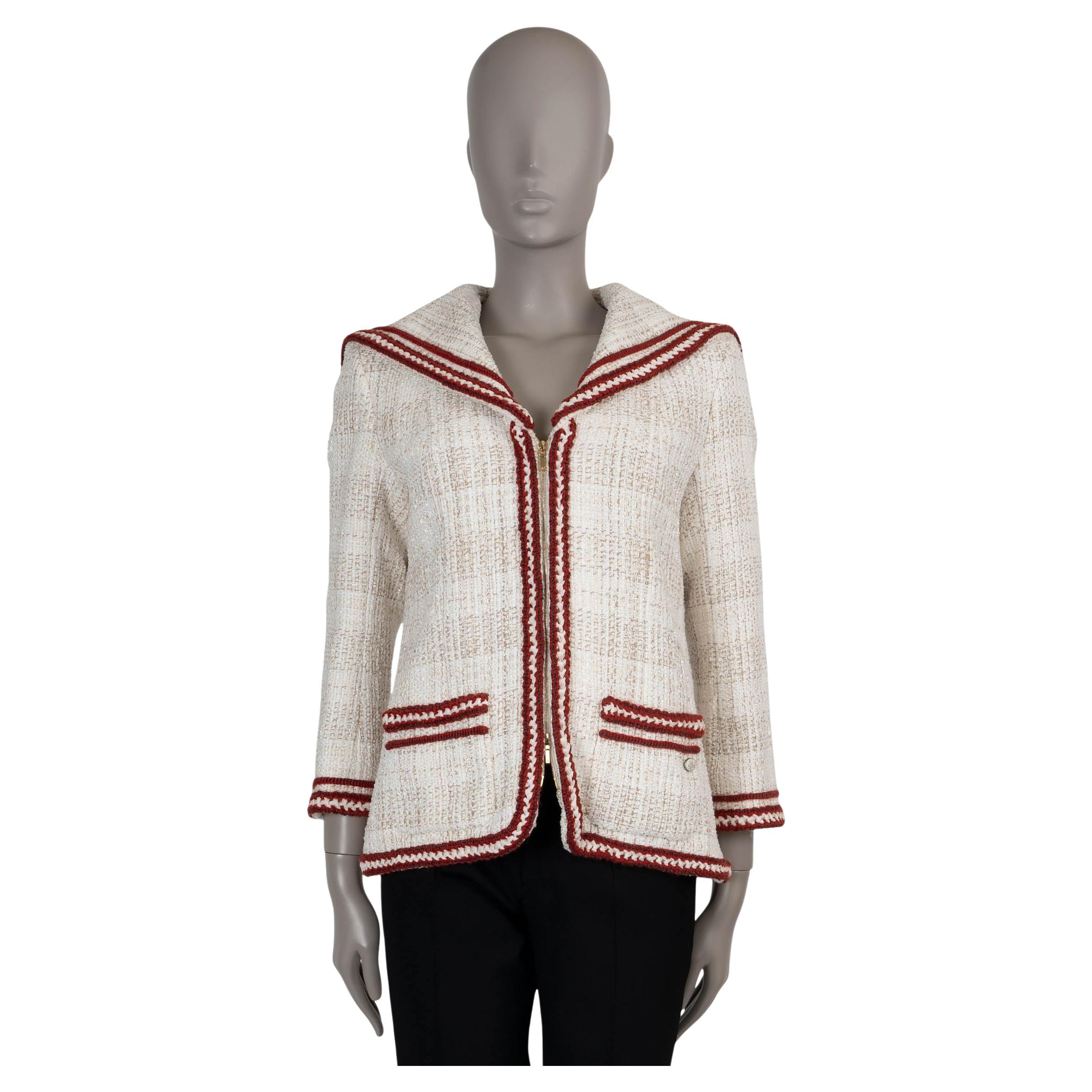 CHANEL cream & red cotton 18A HAMBURG SALOR FLAP TWEED Coat Jacket 40 M For Sale