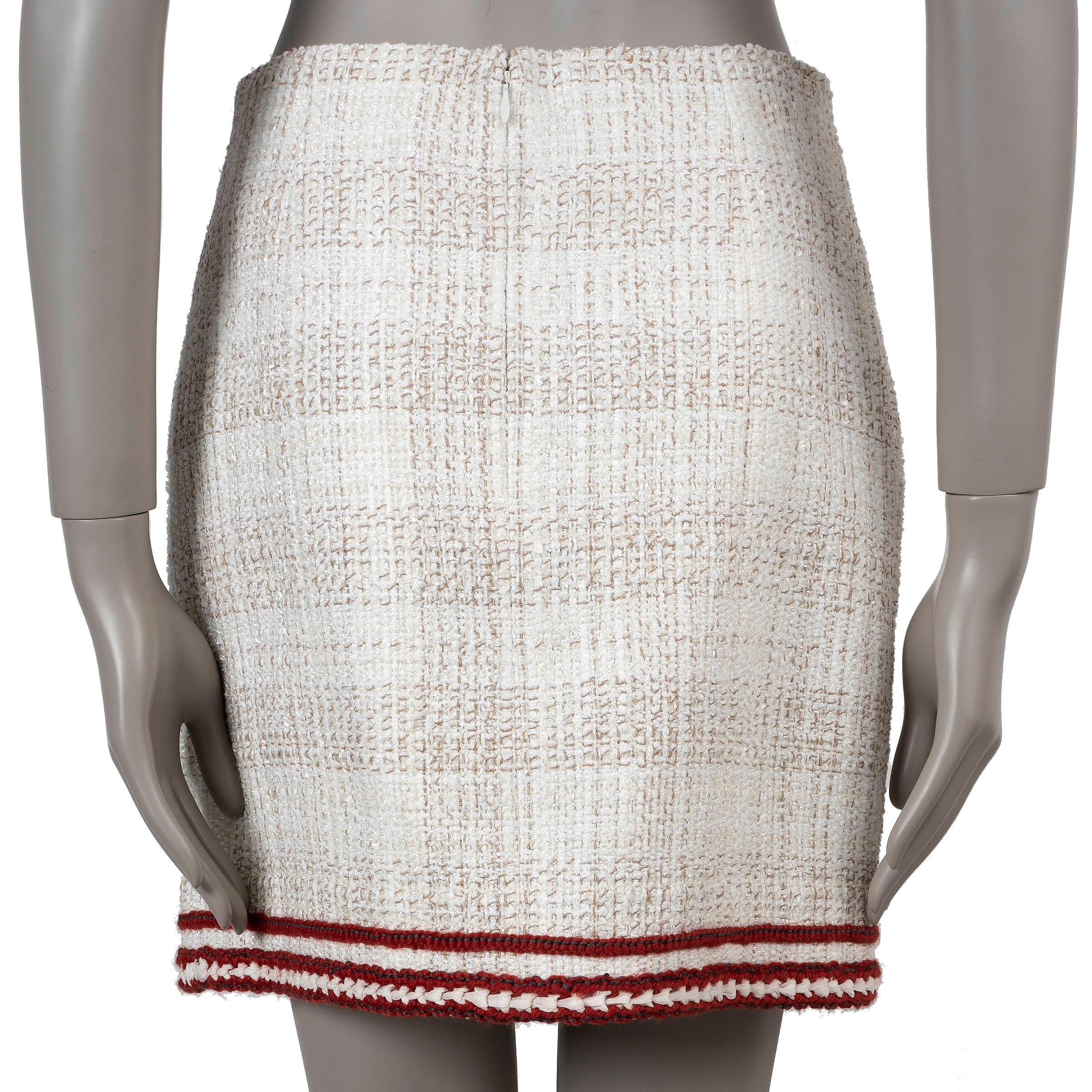 White CHANEL cream & red cotton 18A HAMBURG TWEED MINI Skirt 40 M For Sale