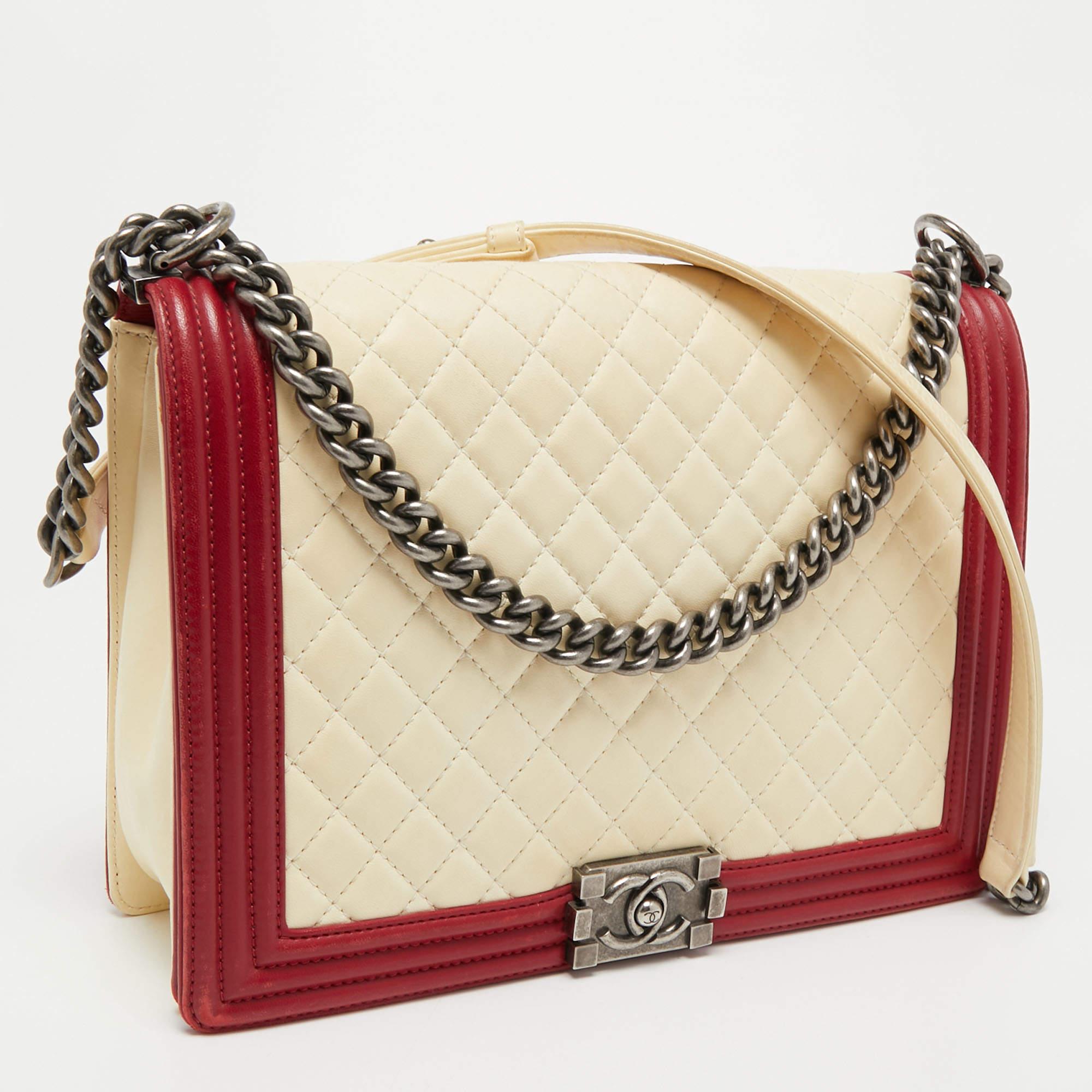 Chanel Cream/Red Quilted Leather Large Boy Flap Bag 11