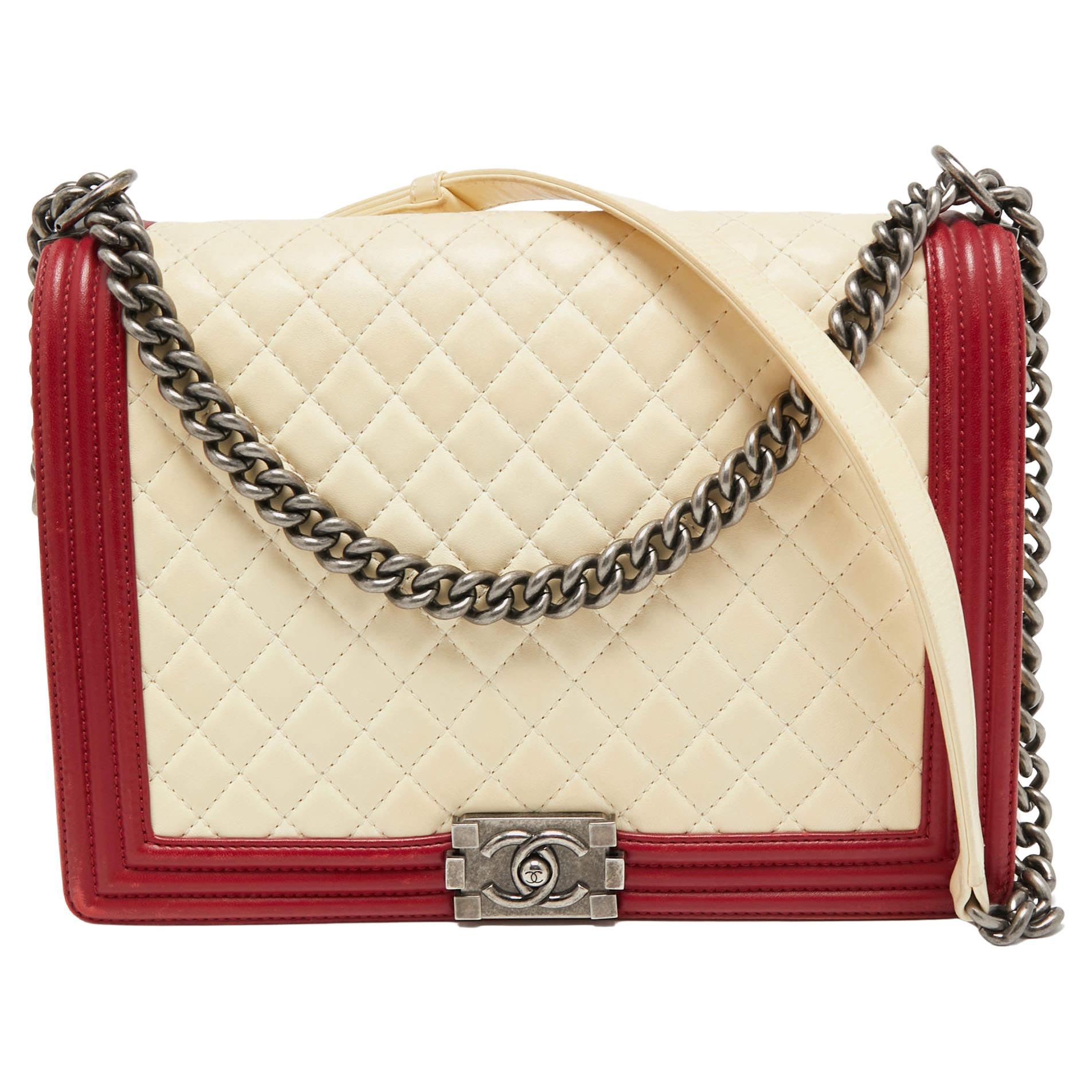 Chanel Cream/Red Quilted Leather Large Boy Flap Bag at 1stDibs