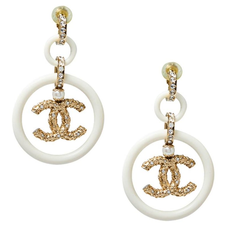 Chanel Cream Resin Crystal Embedded CC Drop Clip On Earrings at 1stDibs