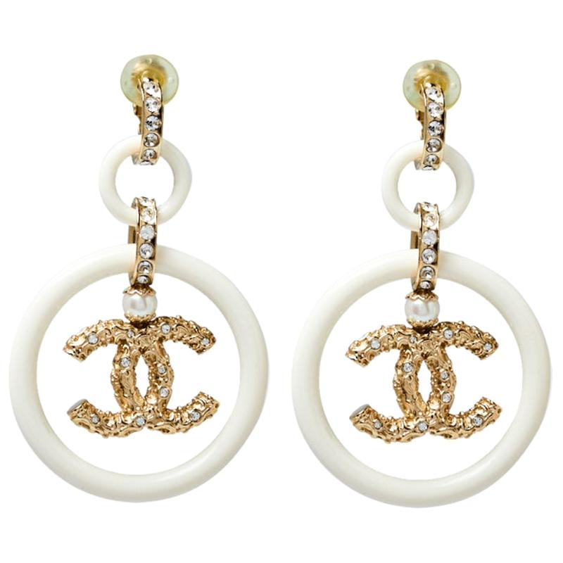 Chanel Cream Resin Crystal Embedded CC Drop Clip On Earrings