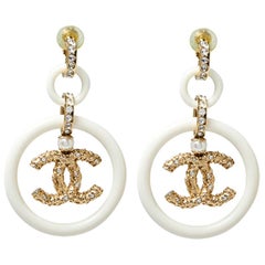 Chanel Cream Resin Crystal Embedded CC Drop Clip On Earrings