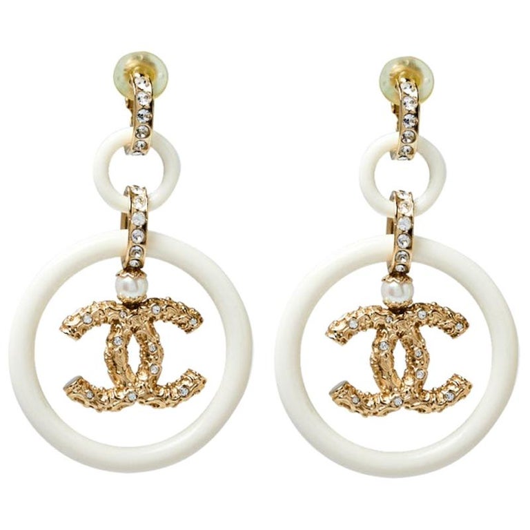 Chanel Cream Resin Crystal Embedded CC Drop Clip On Earrings at