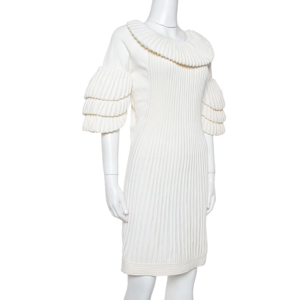 Gray Chanel Cream Rib Knit Tiered Sleeve Detail Short Dress L