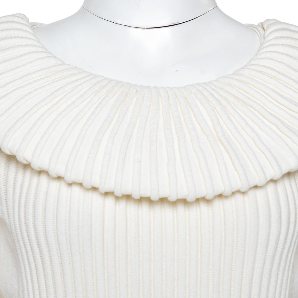 Women's Chanel Cream Rib Knit Tiered Sleeve Detail Short Dress L