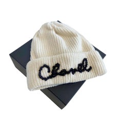 Chanel Cream Ribbed Cashmere Beaded Logo Beanie