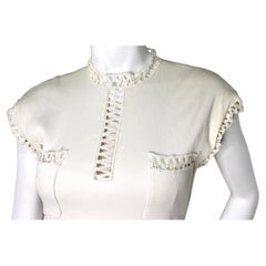Chanel Cream Ribbed Mini Dress With Pockets & Textured Trim circa 1990s