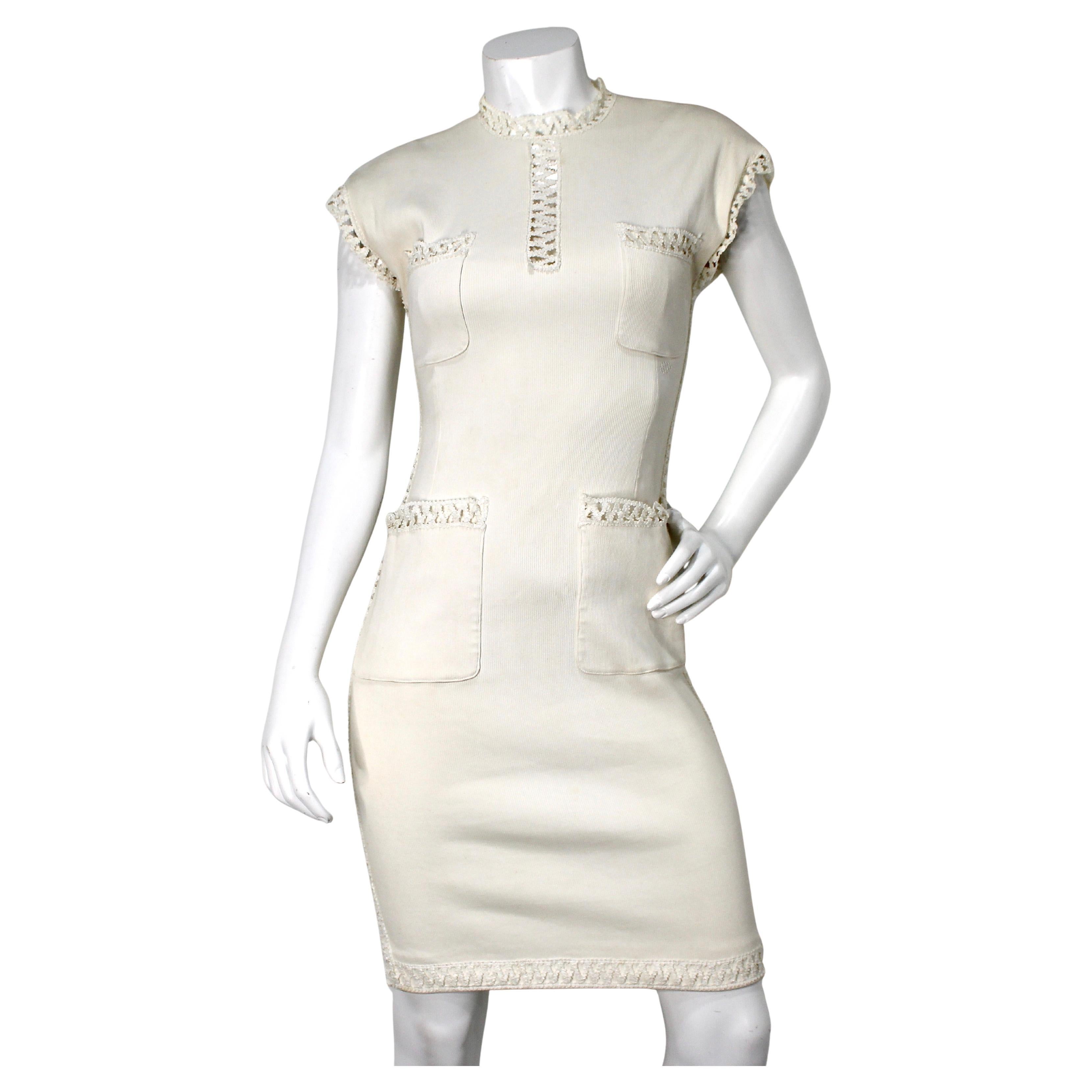 Chanel Cream Ribbed Mini Dress With Pockets & Textured Trim circa 1990s