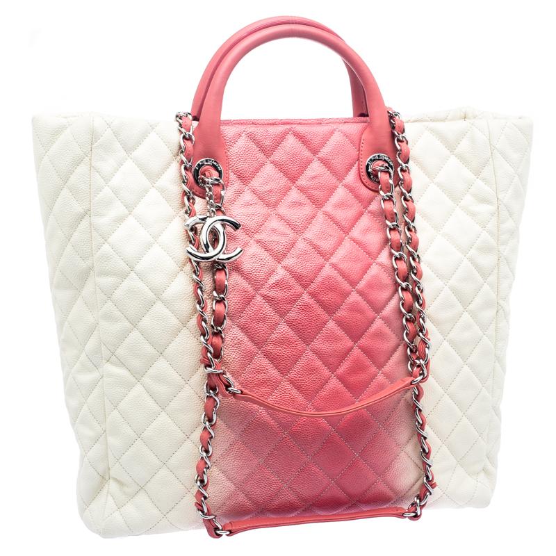 Chanel Cream/Rose Ombre Quilted Caviar Leather Shopping Tote In New Condition In Dubai, Al Qouz 2