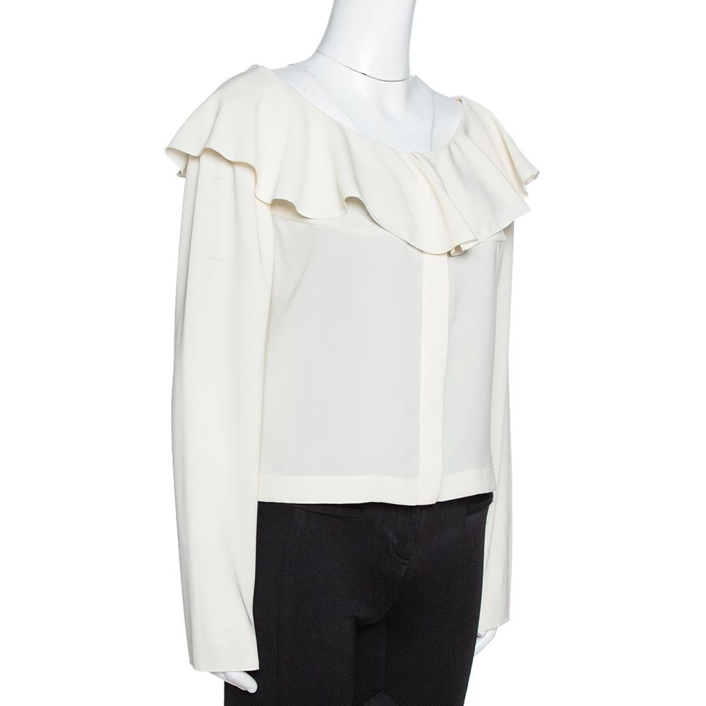 Gray Chanel Cream Ruffled Button Front Cropped Blouse L