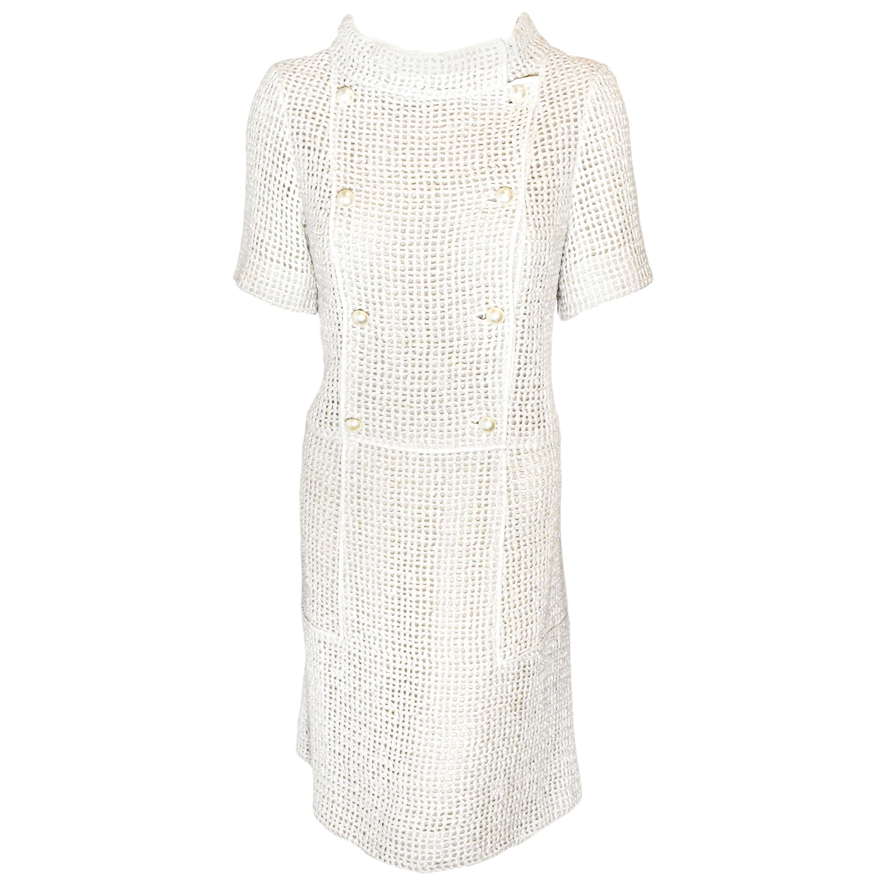 Chanel Cream Short Sleeve Lesage Tweed Crochet Silk A line Dress at 1stDibs