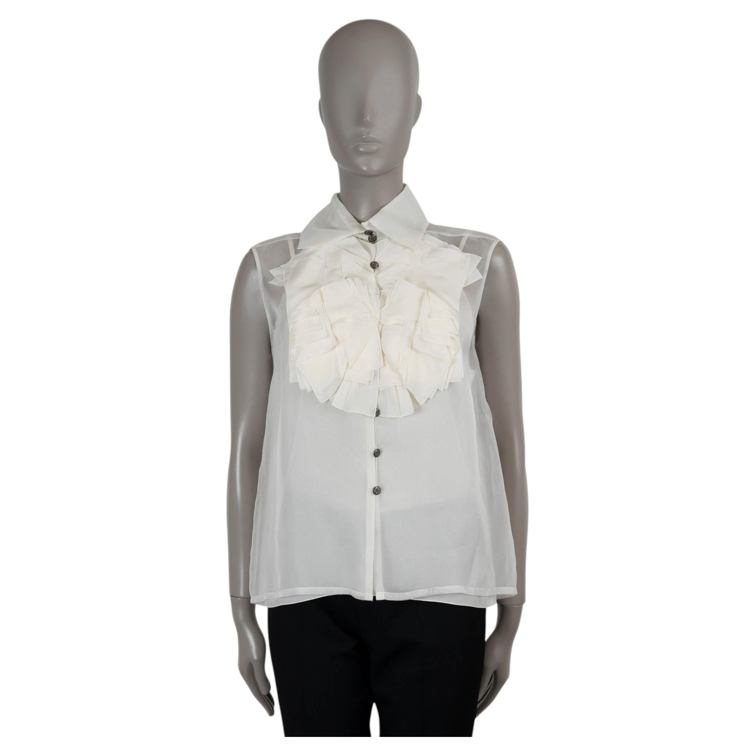CHANEL seda crema 15K PLEATED ORGANZA Blusa Camisa 40 M