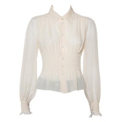 Chanel Cream Silk Smocked Detail Button Front Shirt S at 1stDibs