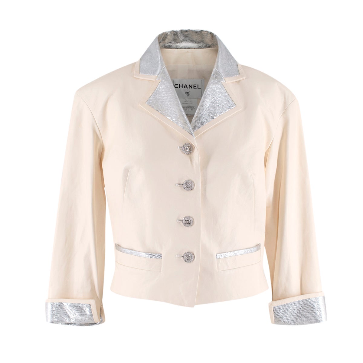 Chanel Cream & Silver Lizard Embossed Leather Blazer For Sale