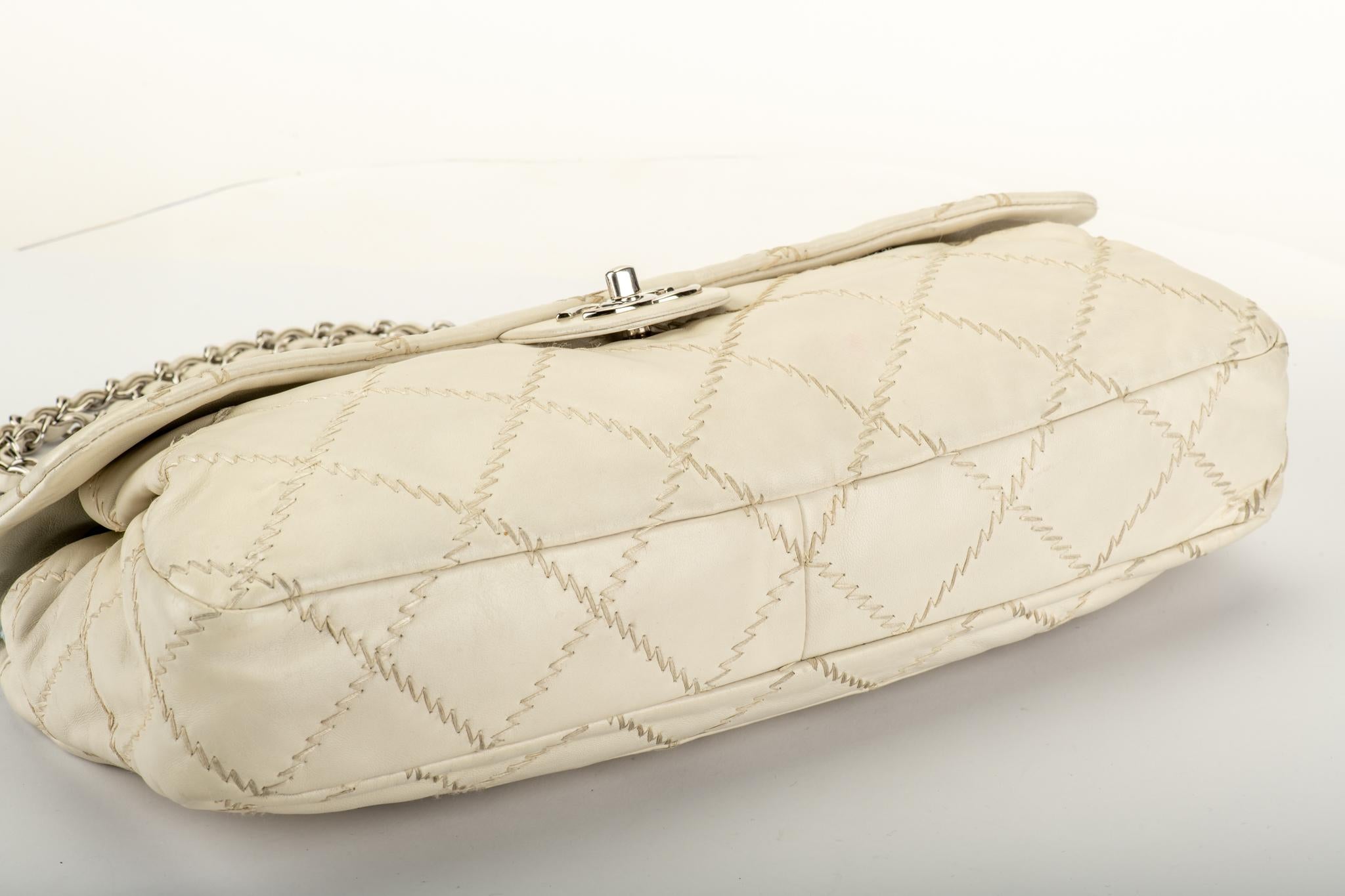 Chanel Cream Stitched Jumbo Flap Bag In Excellent Condition In West Hollywood, CA