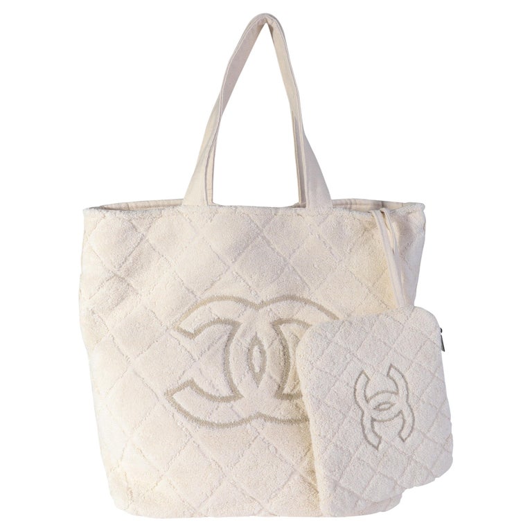 Chanel XL cotton towel terry black and white top handle beach tote